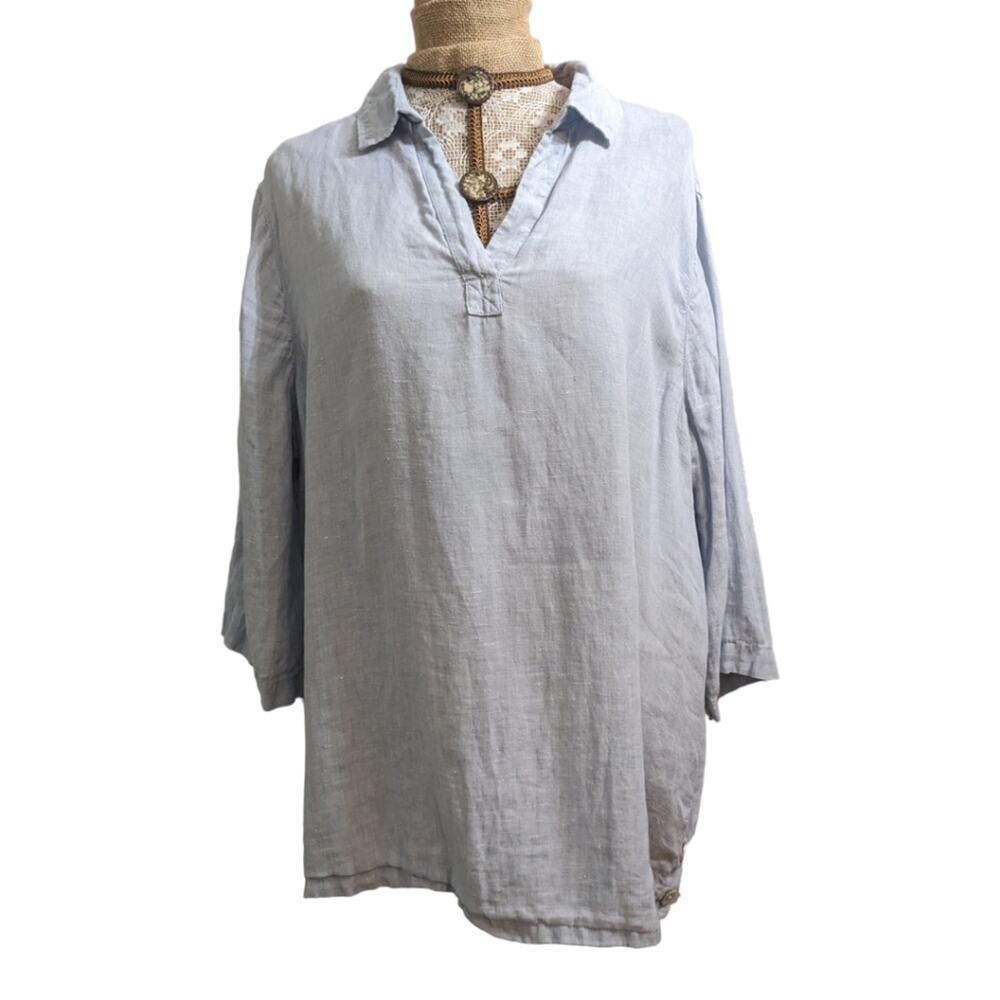 Tahari Baby Blue Linen pullover tab sleeve top